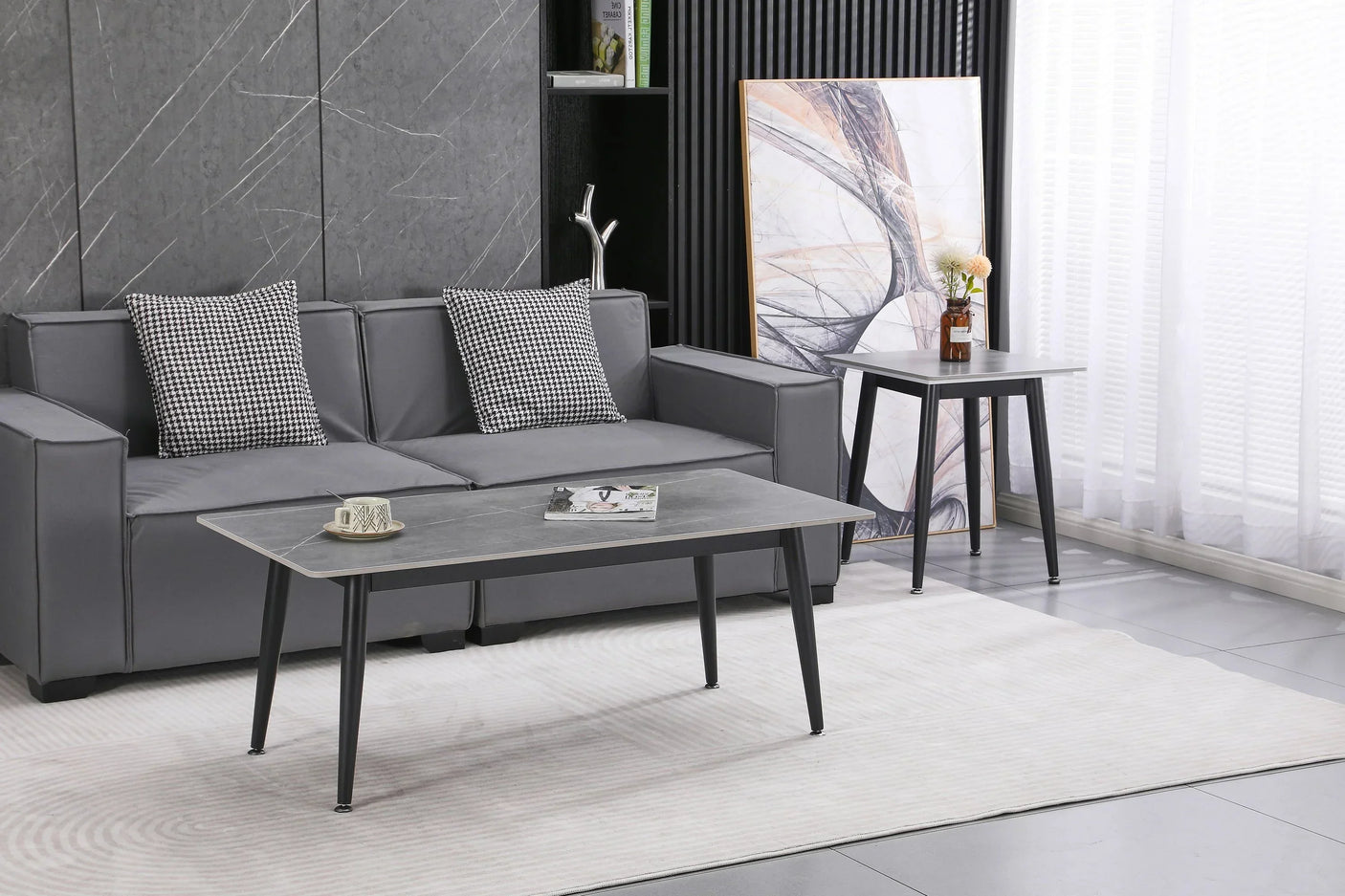 Grey coffee table and lamp table set with metal legs in modern living room
