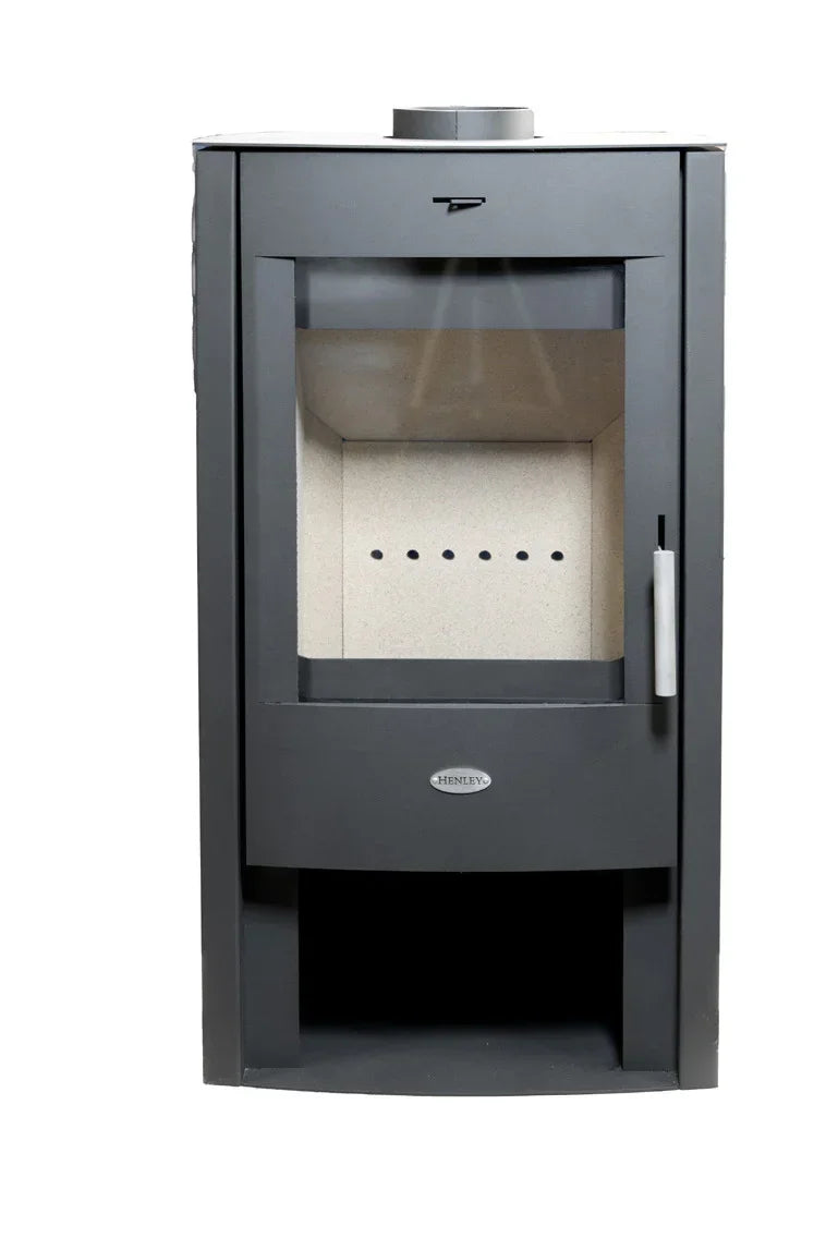 Black freestanding wood burning stove with glass door and lower storage compartment