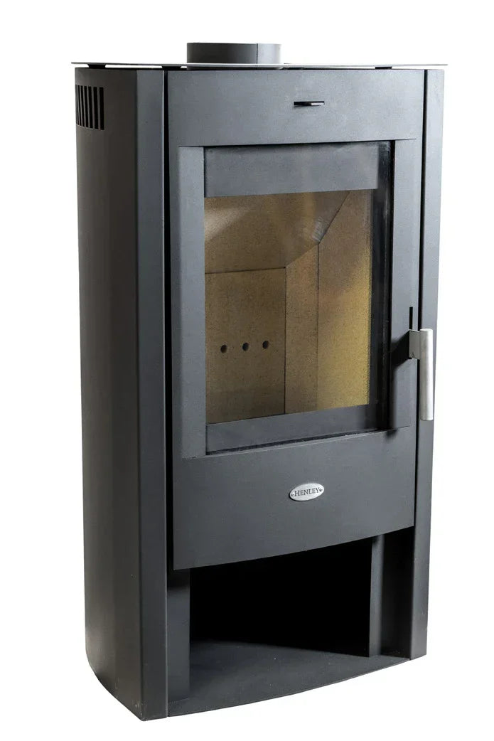 Black freestanding wood burning stove with glass door and lower storage compartment