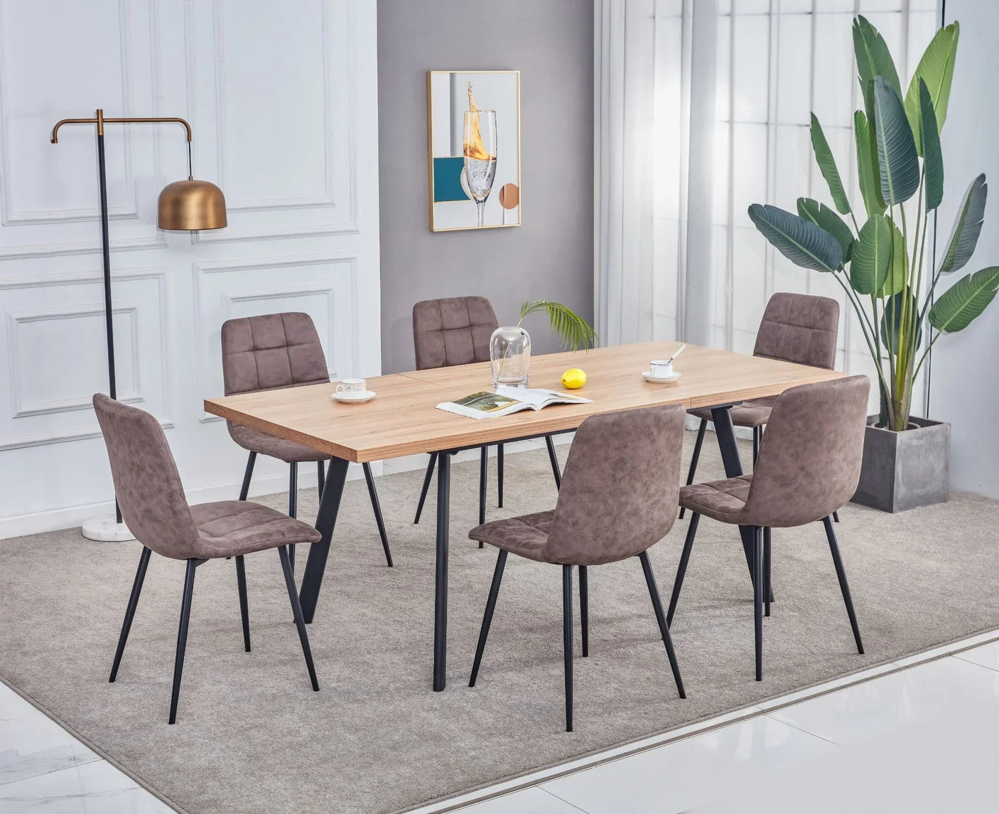 Oak dining table with six brown chairs on carpet in modern dining room