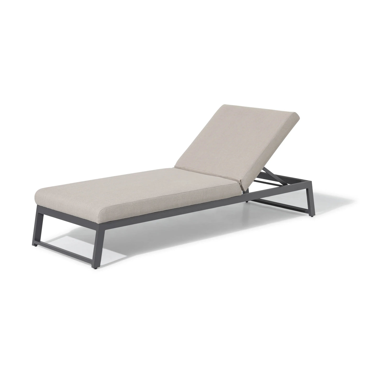 Aluminum sun lounger with beige cushion and adjustable backrest on white background