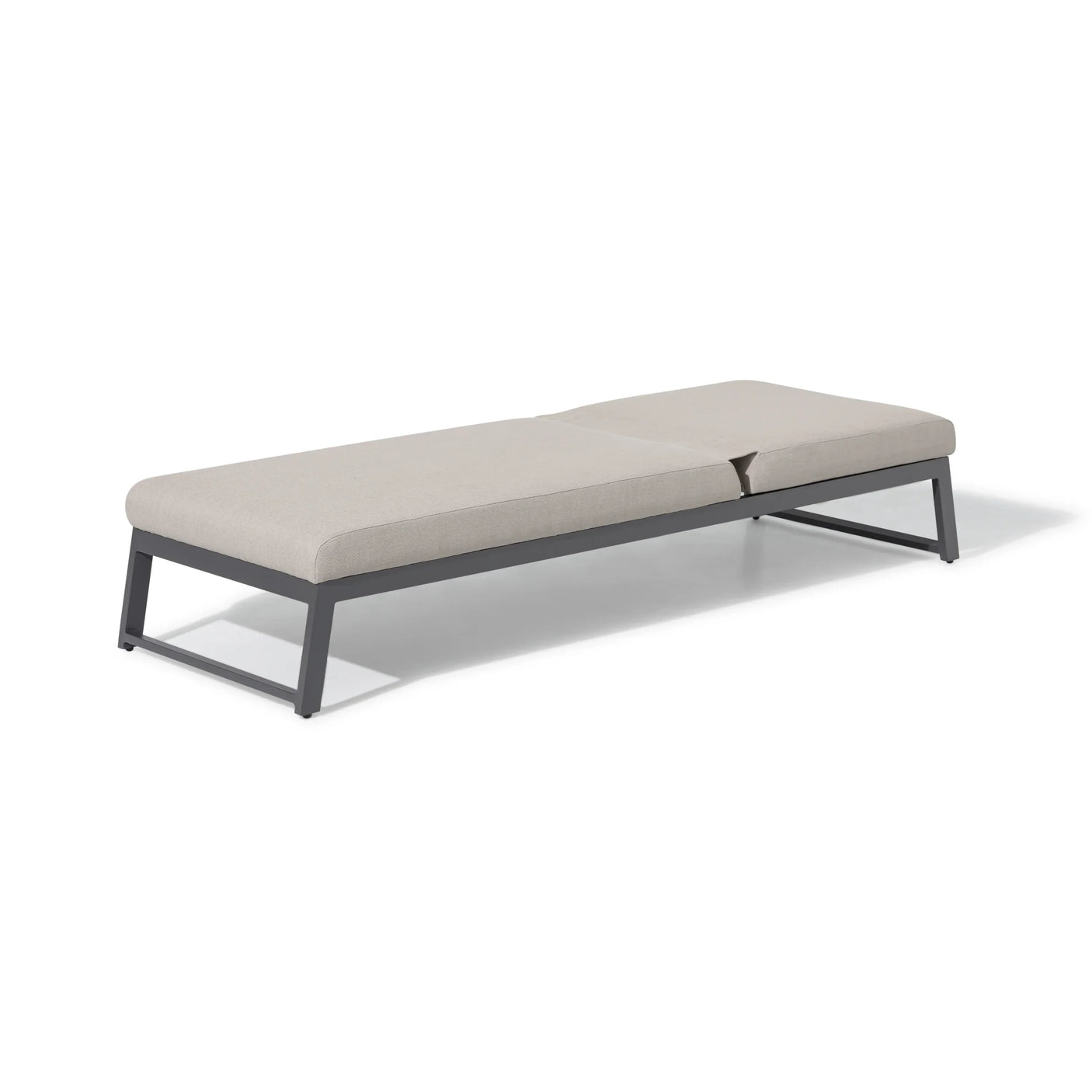 Aluminium outdoor bench with beige cushion and angled legs on white background