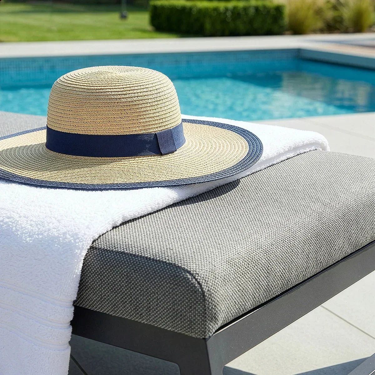 grey patio bench with cushion beside pool, straw sun hat and towel on seat