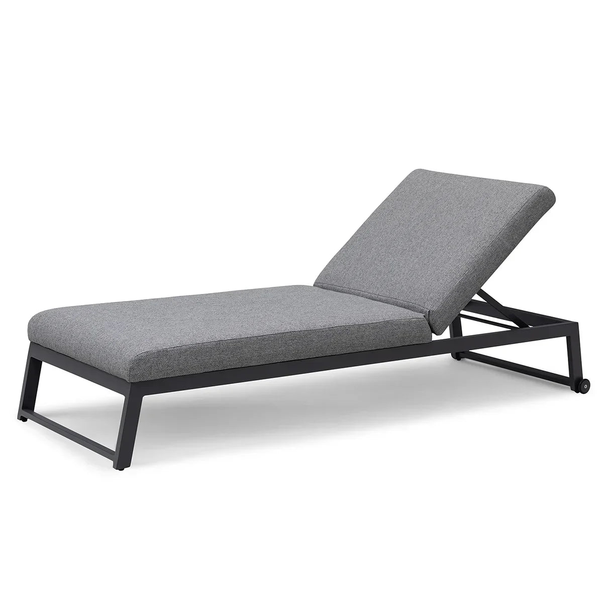 Grey fabric sun lounger with adjustable backrest and black metal frame on white background