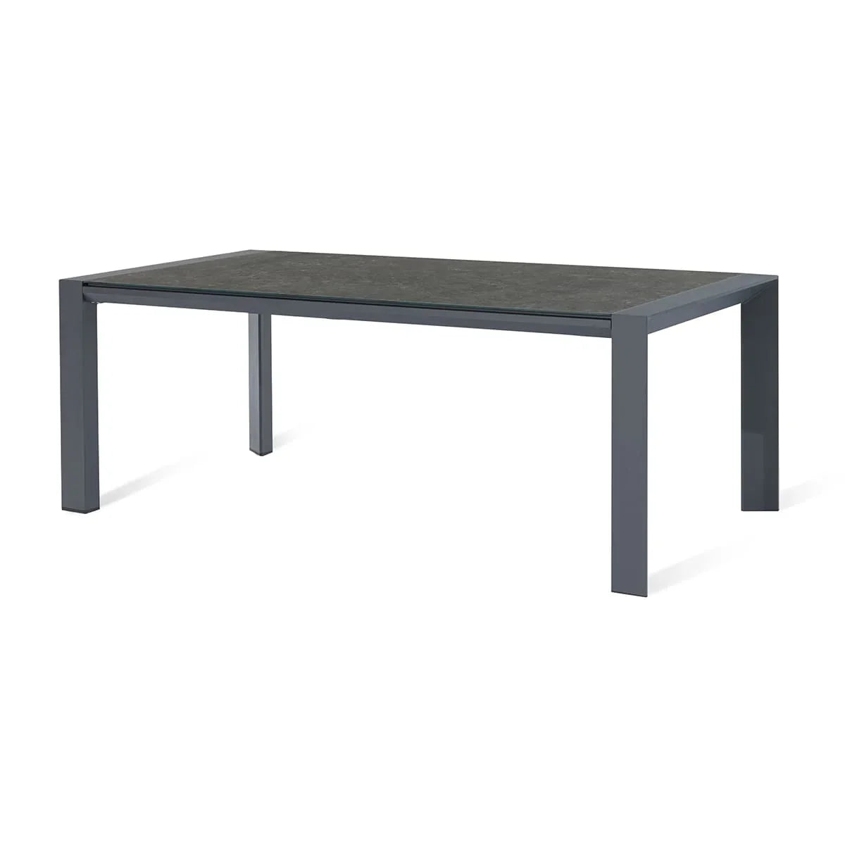 Rectangular outdoor dining table with dark metal frame and stone-effect tabletop