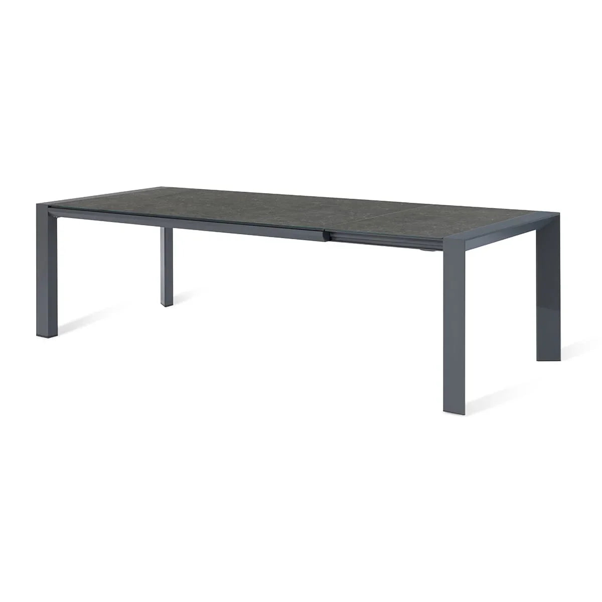 Rectangular extending dining table with dark ceramic top and grey metal frame