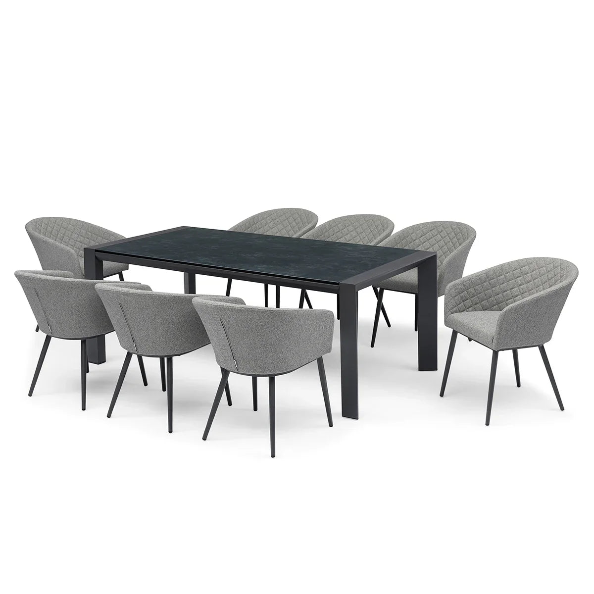 Modern black dining table with eight grey fabric chairs and metal legs