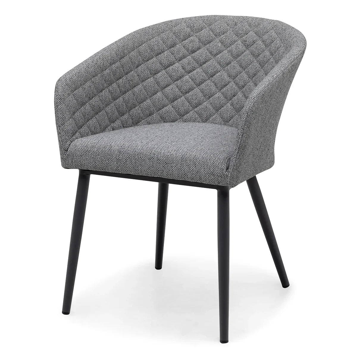 Grey fabric dining chair with black legs and quilted backrest on white background