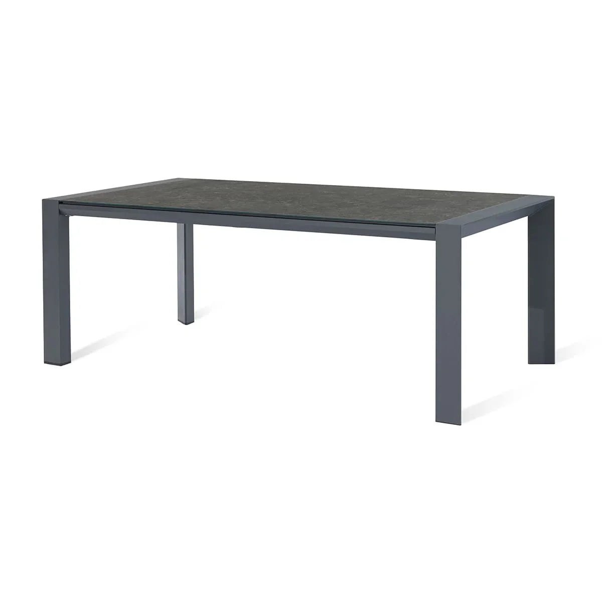 Rectangular dining table with grey metal frame and dark stone effect tabletop