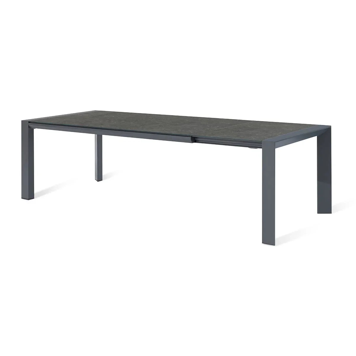 Rectangular grey dining table with metal frame and ceramic top, shown from the front angle