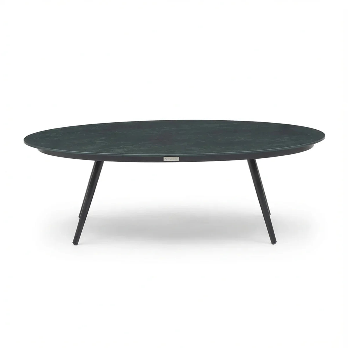 Oval black coffee table with slim metal legs on white background