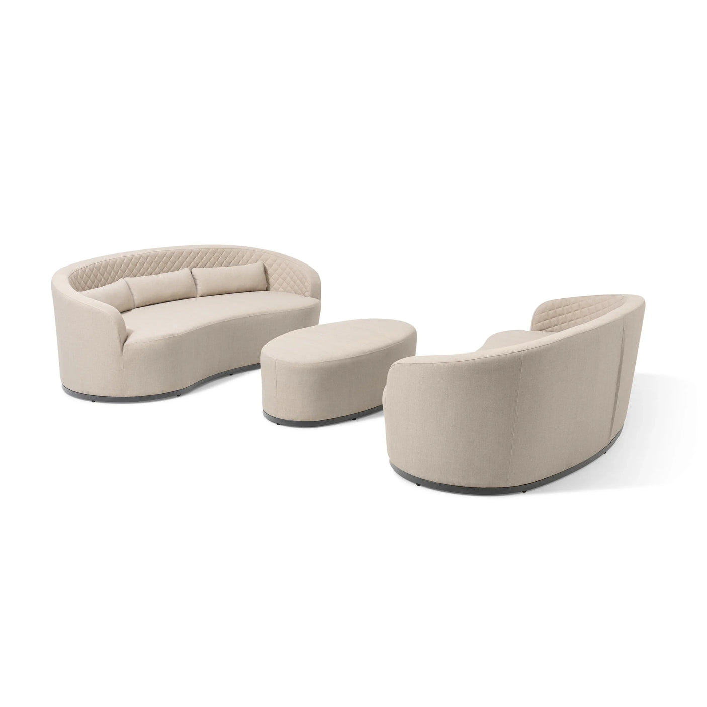 Beige fabric sofa set with curved backrests, matching ottoman, quilted detail, front and rear view