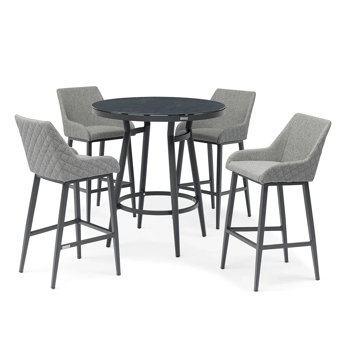 Round bar table with black metal base and four grey upholstered bar stools