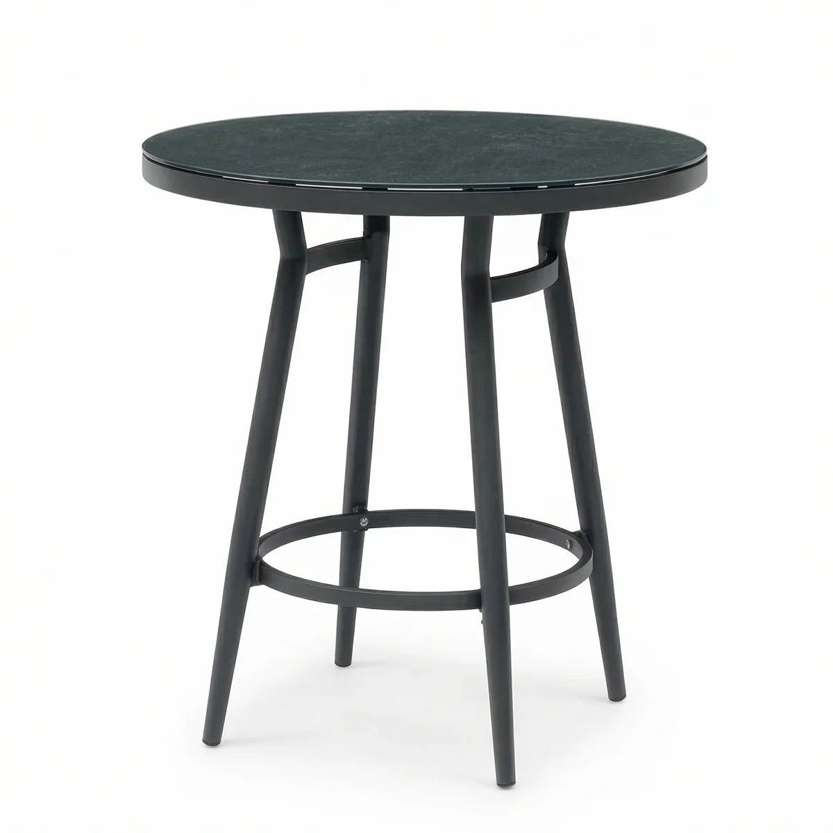 Black round bar table with metal legs and circular footrest on white background