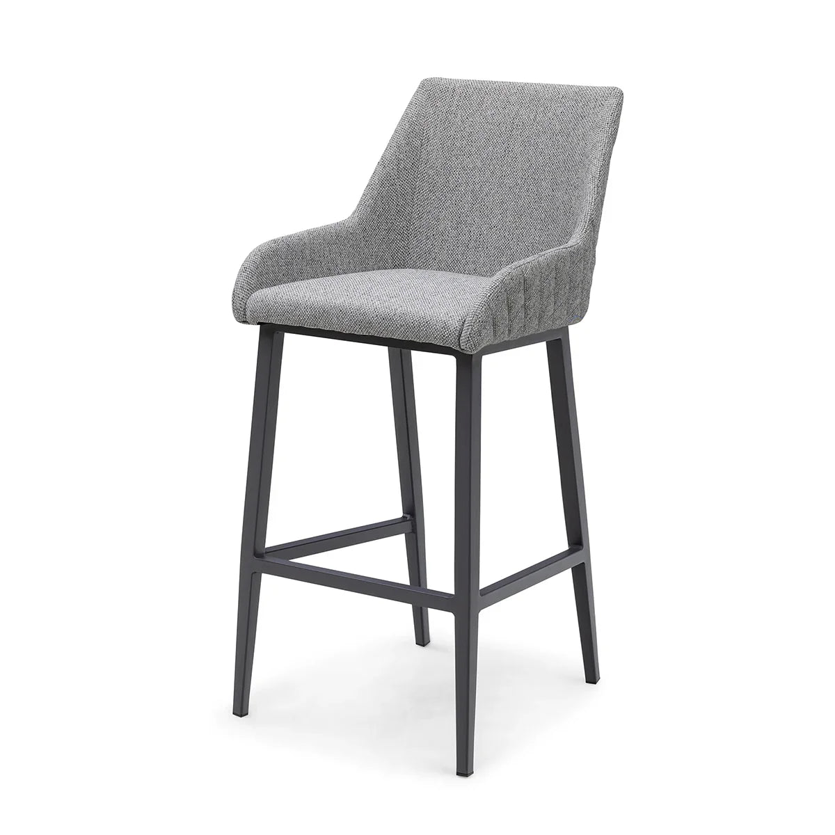 Grey fabric bar stool with metal legs and low backrest, shown at a slight angle