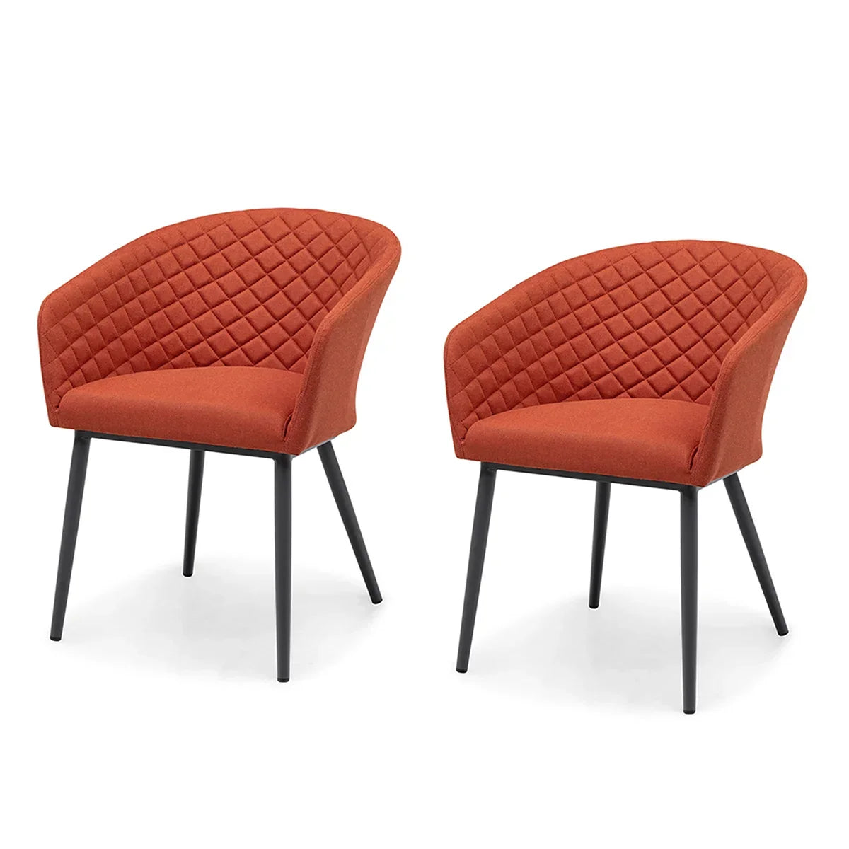 Pair of orange dining chairs with quilted backs and black metal legs on white background
