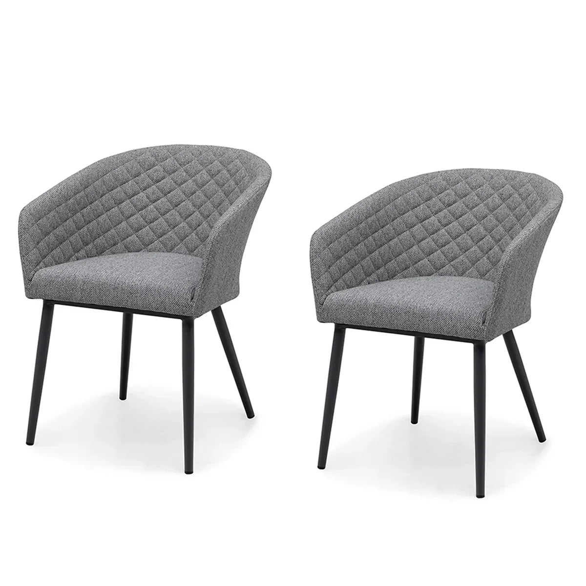 Pair of grey fabric dining chairs with quilted backrest and black metal legs