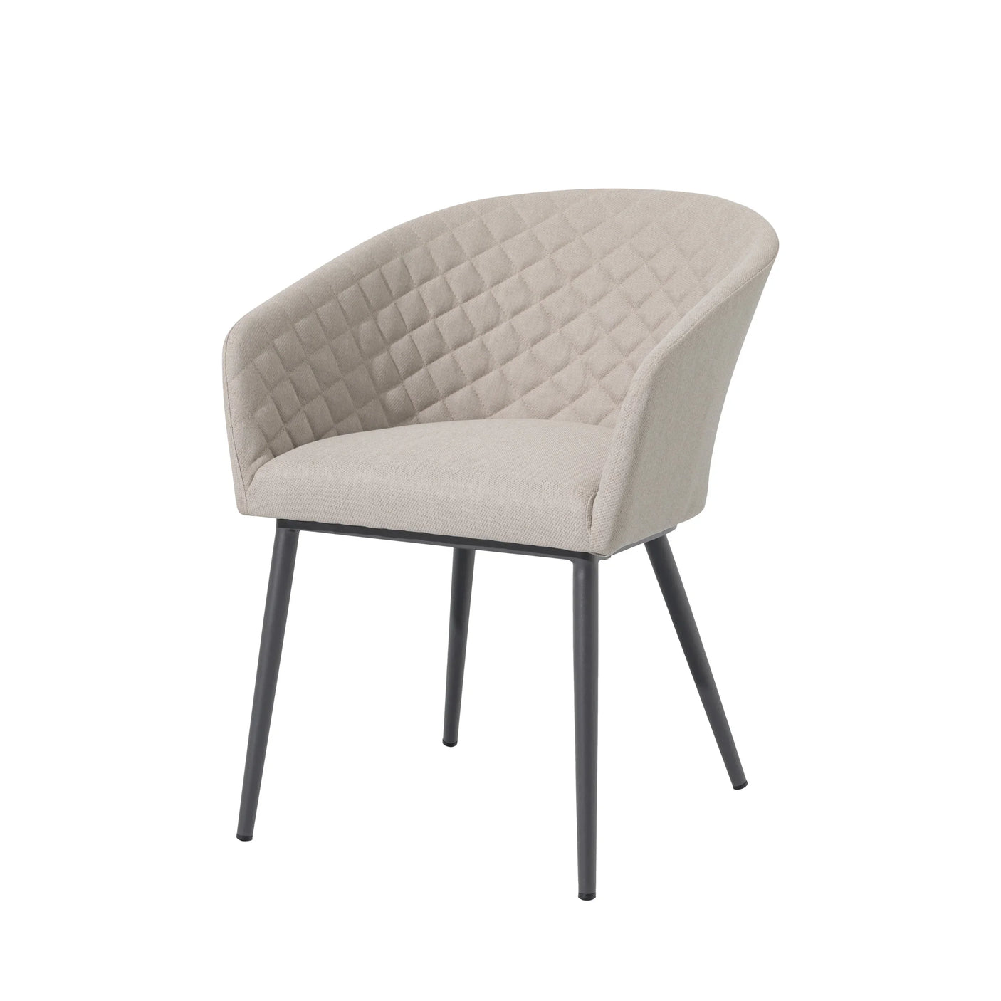 Beige fabric accent chair with diamond quilted backrest and black metal legs