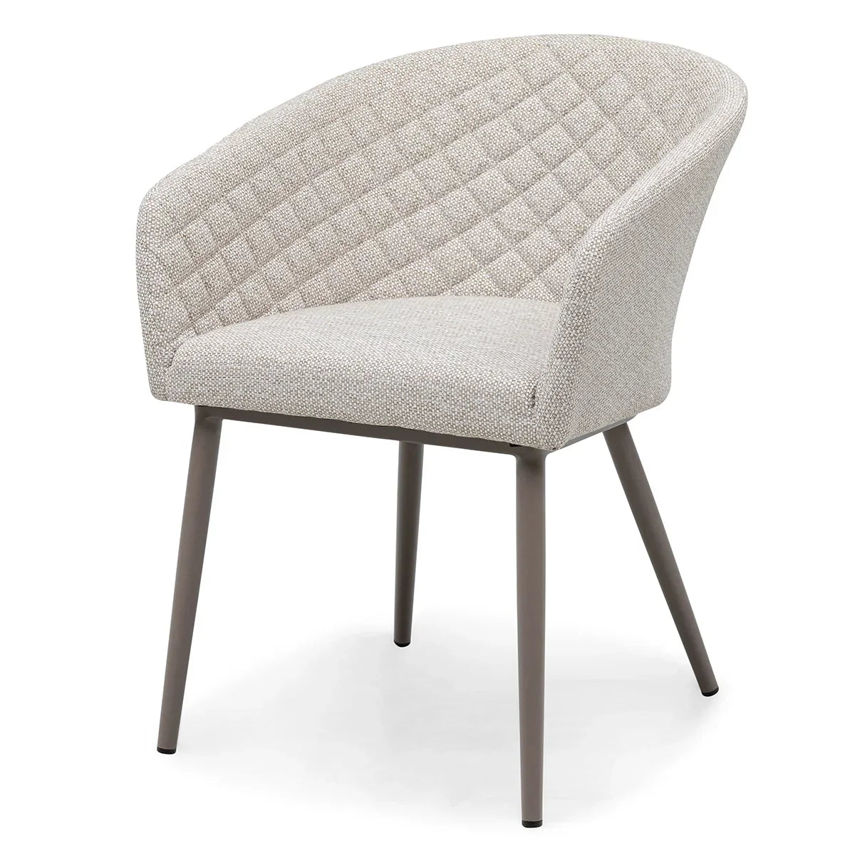 Beige fabric dining chair with quilted backrest and metal legs, angled front view
