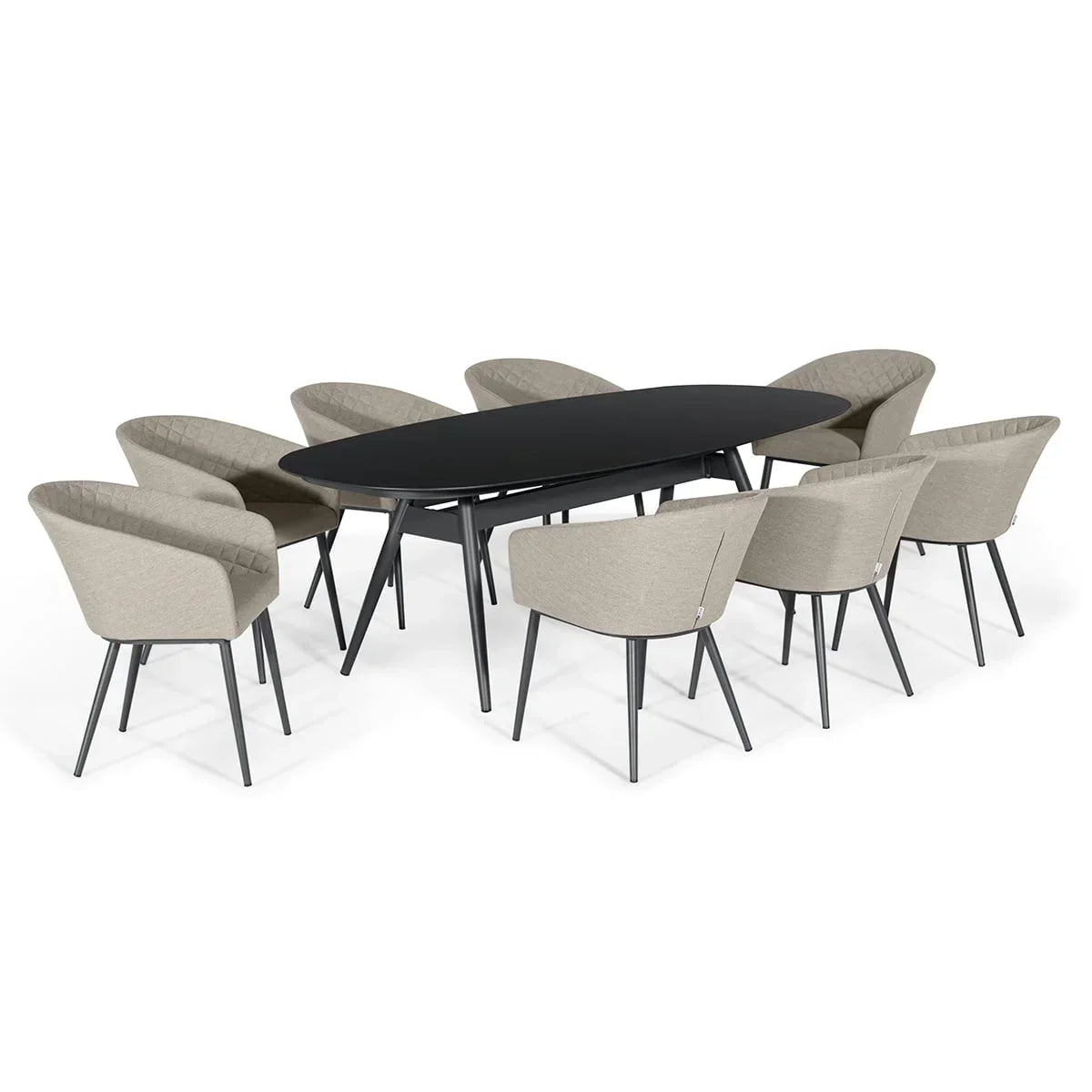 Oval black dining table with eight grey upholstered chairs on black legs