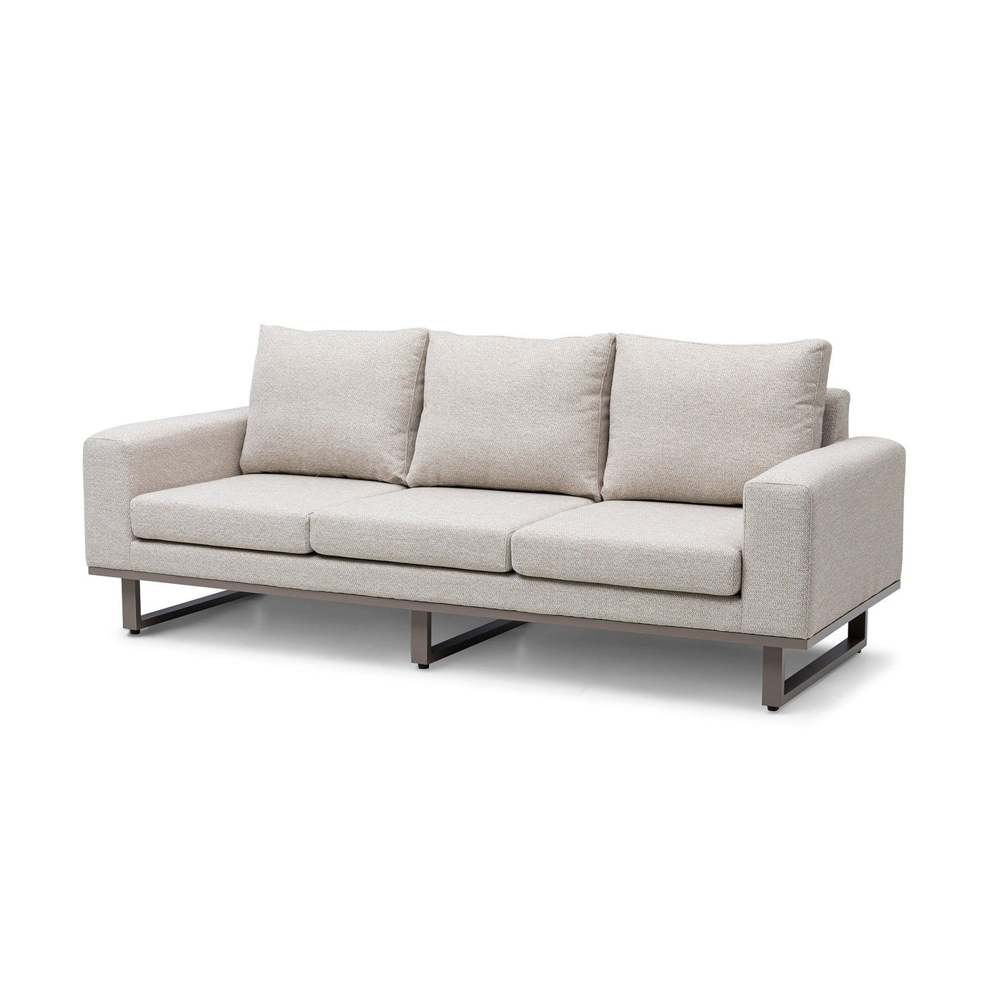 Beige fabric three-seater sofa with metal legs and plush back cushions