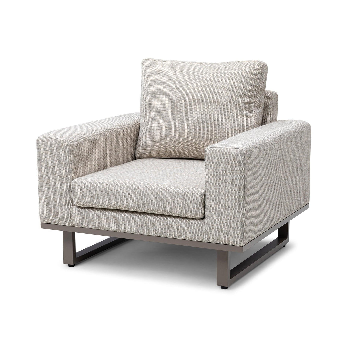 Beige fabric armchair with thick seat cushion, metal base, and wide armrests