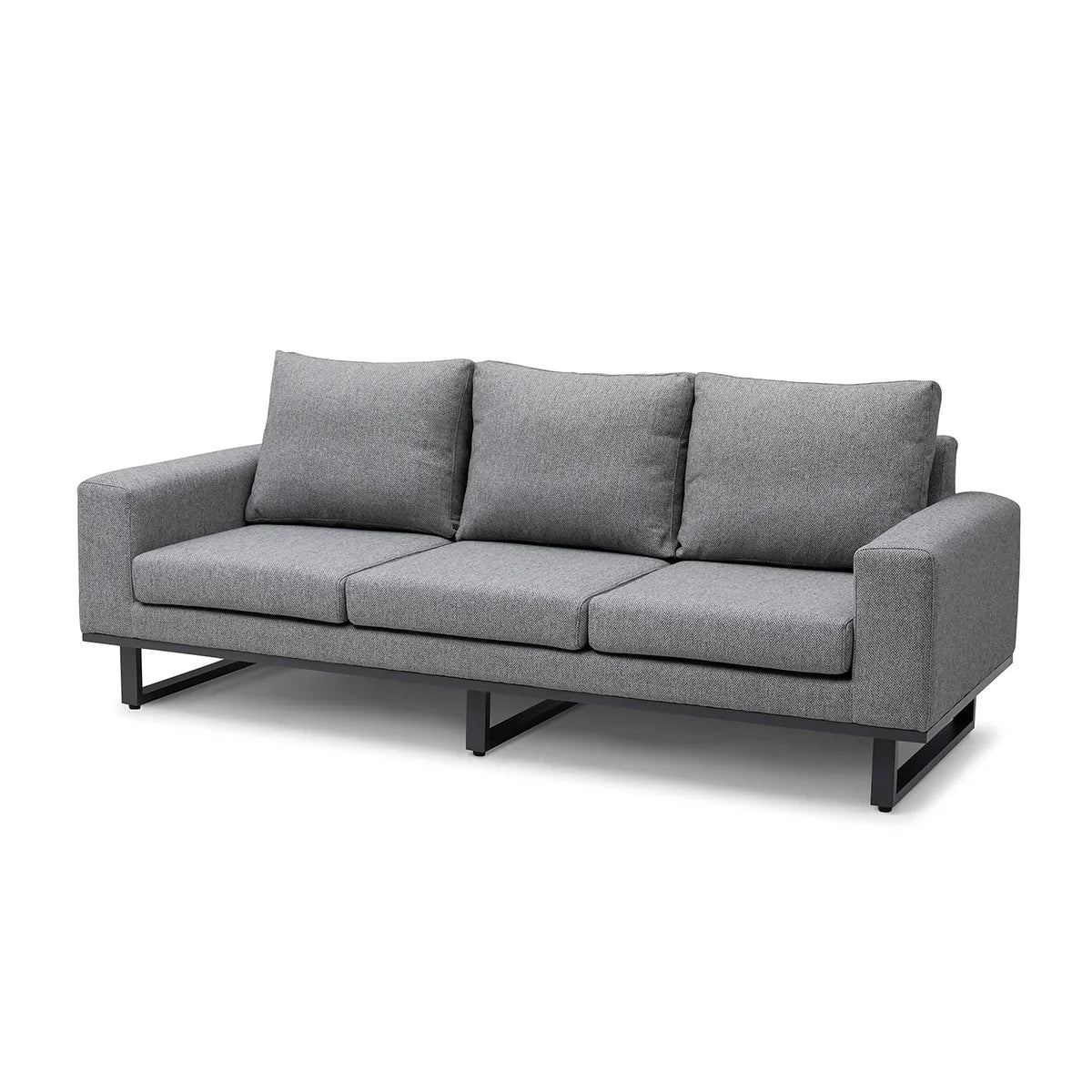 Modern grey fabric sofa with three seat cushions and black metal legs