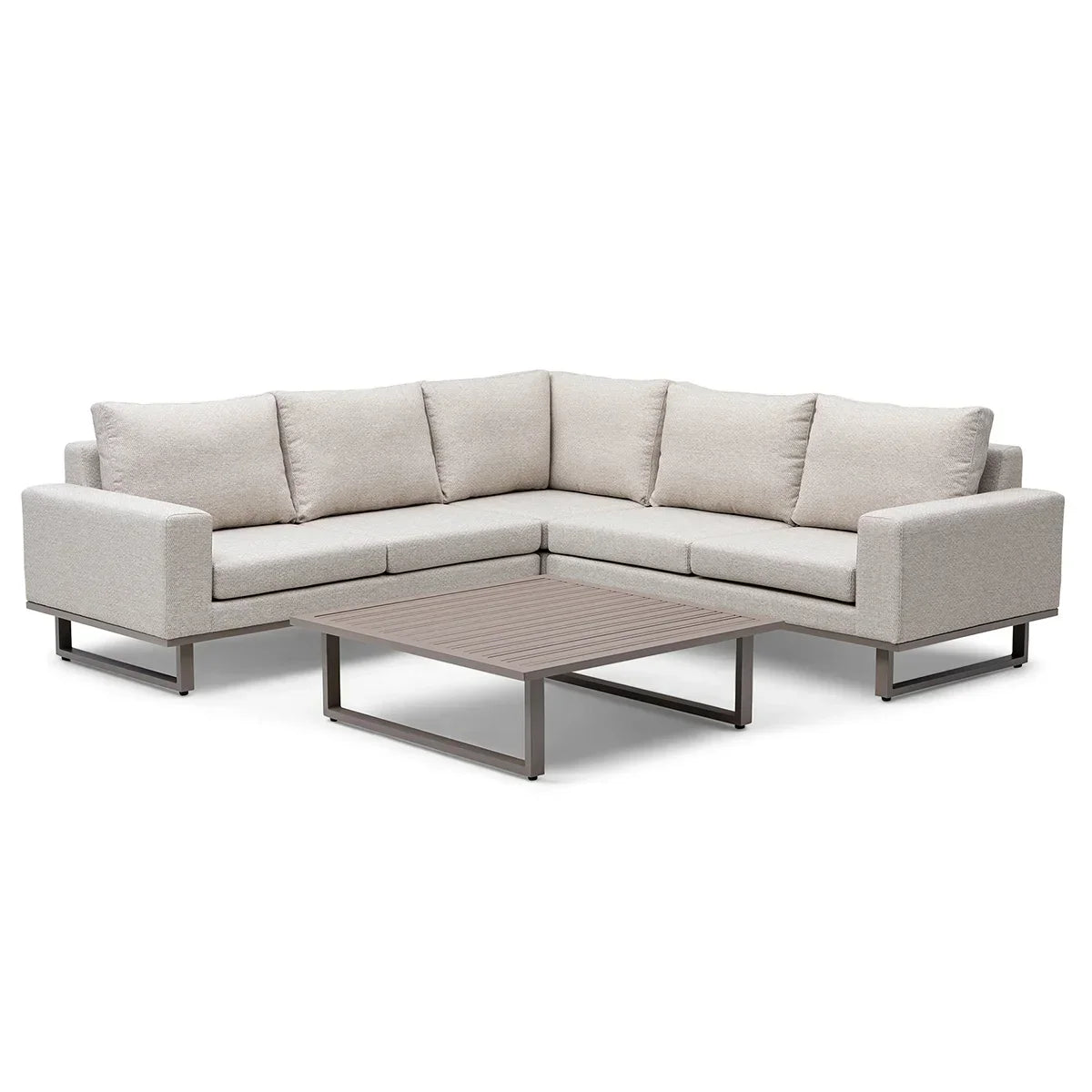 Light grey corner sofa set with metal base and matching low coffee table
