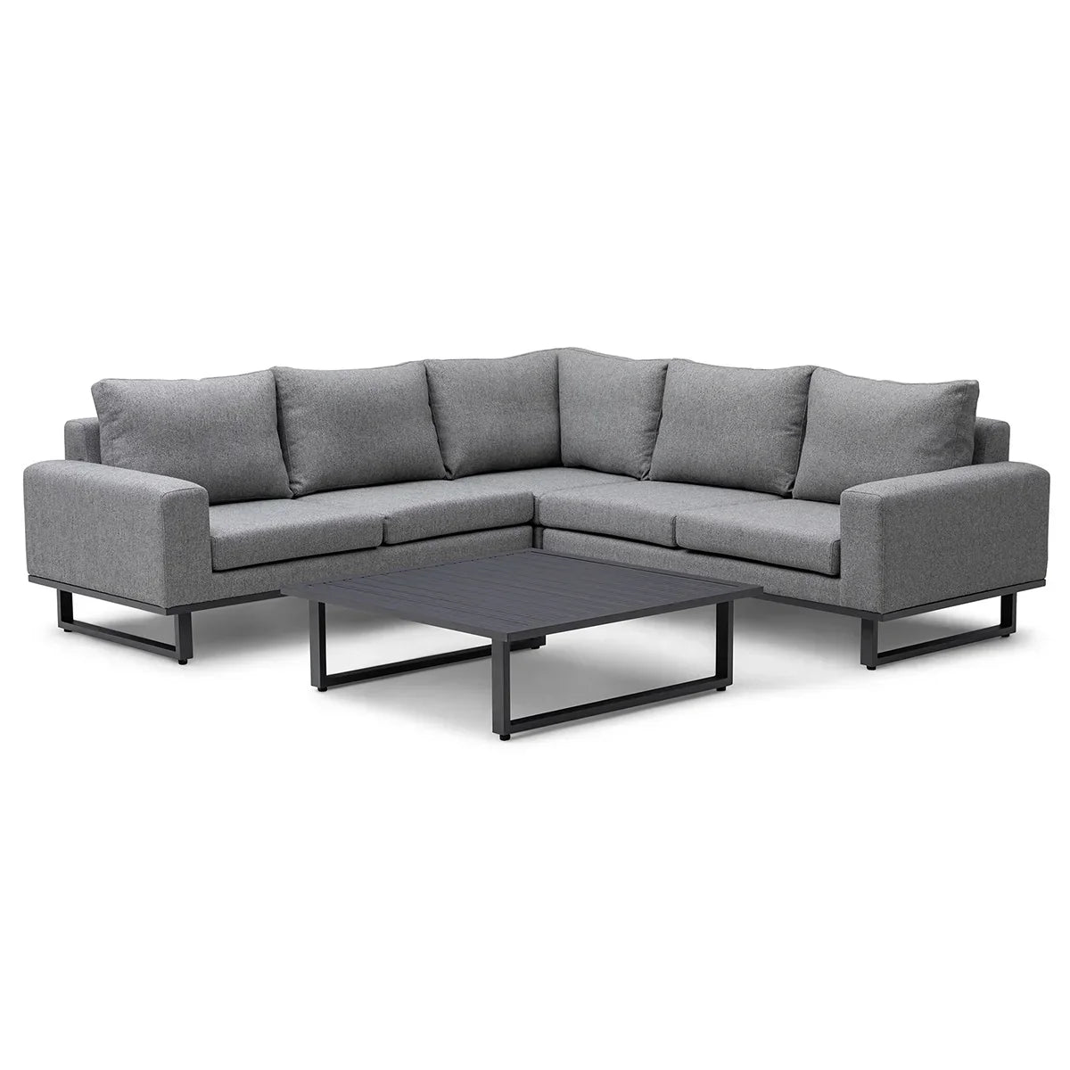 Grey corner sofa set with metal frame and matching low rectangular coffee table