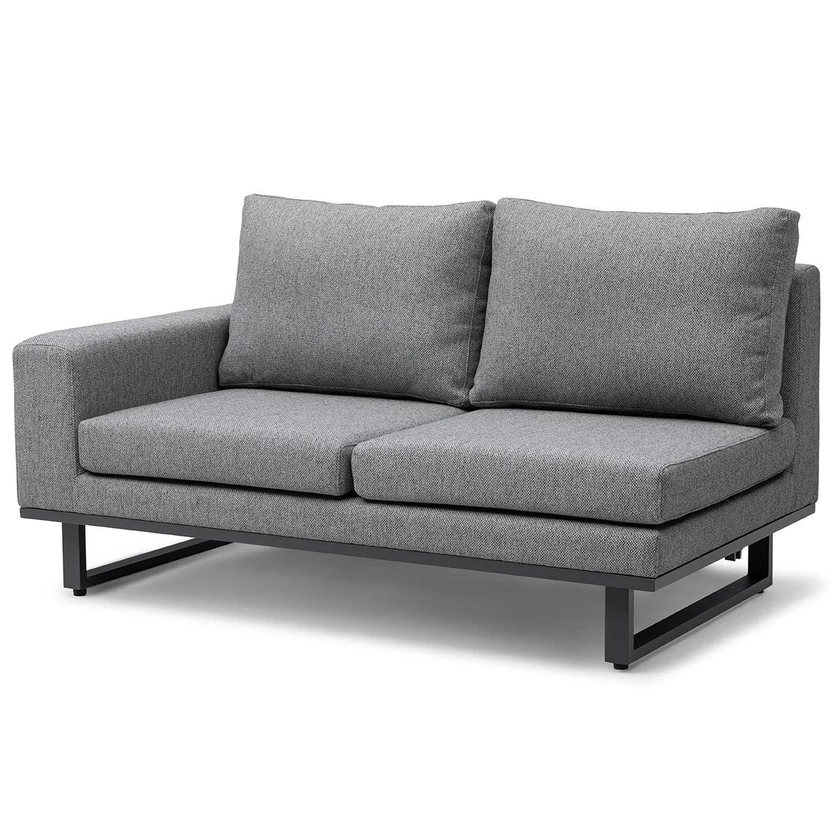 Grey fabric sofa with metal legs and wide armrests, modern two-seater design