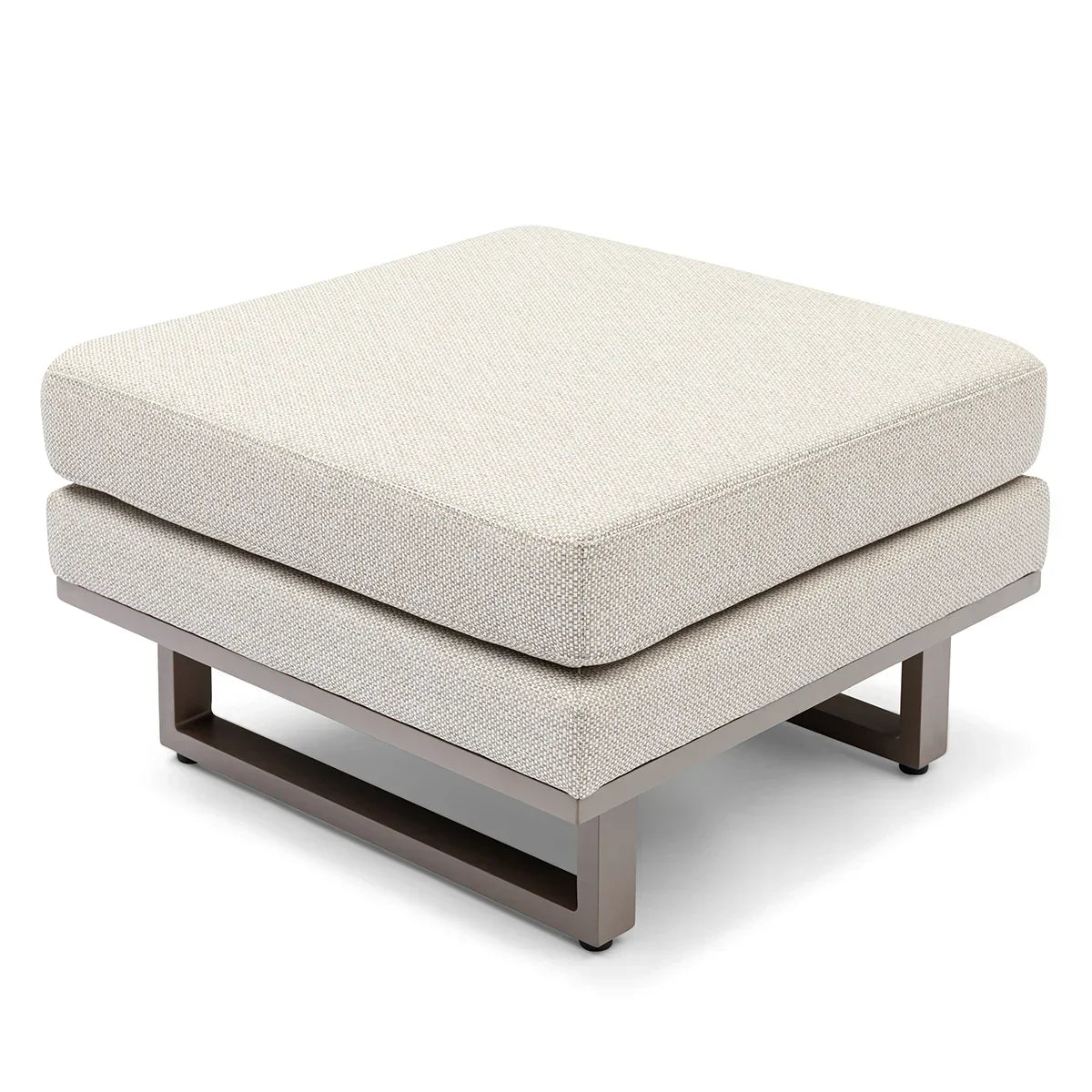 Beige fabric ottoman with metal legs and thick cushion, shown from a front angle