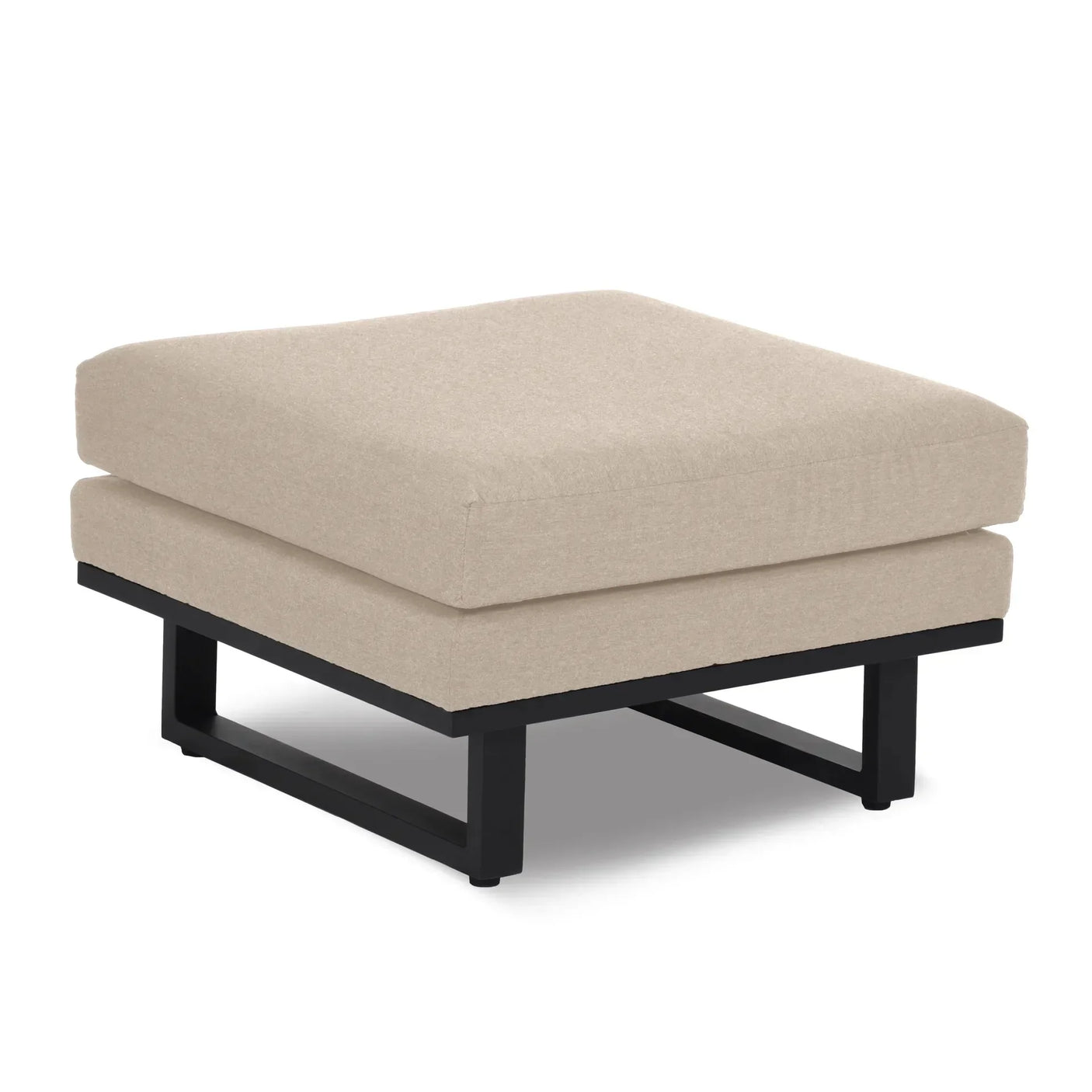 Beige fabric ottoman with black metal frame and cushioned seat