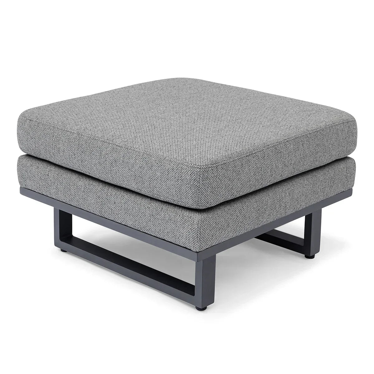 Grey fabric ottoman with black metal legs and double cushion design, front angle view