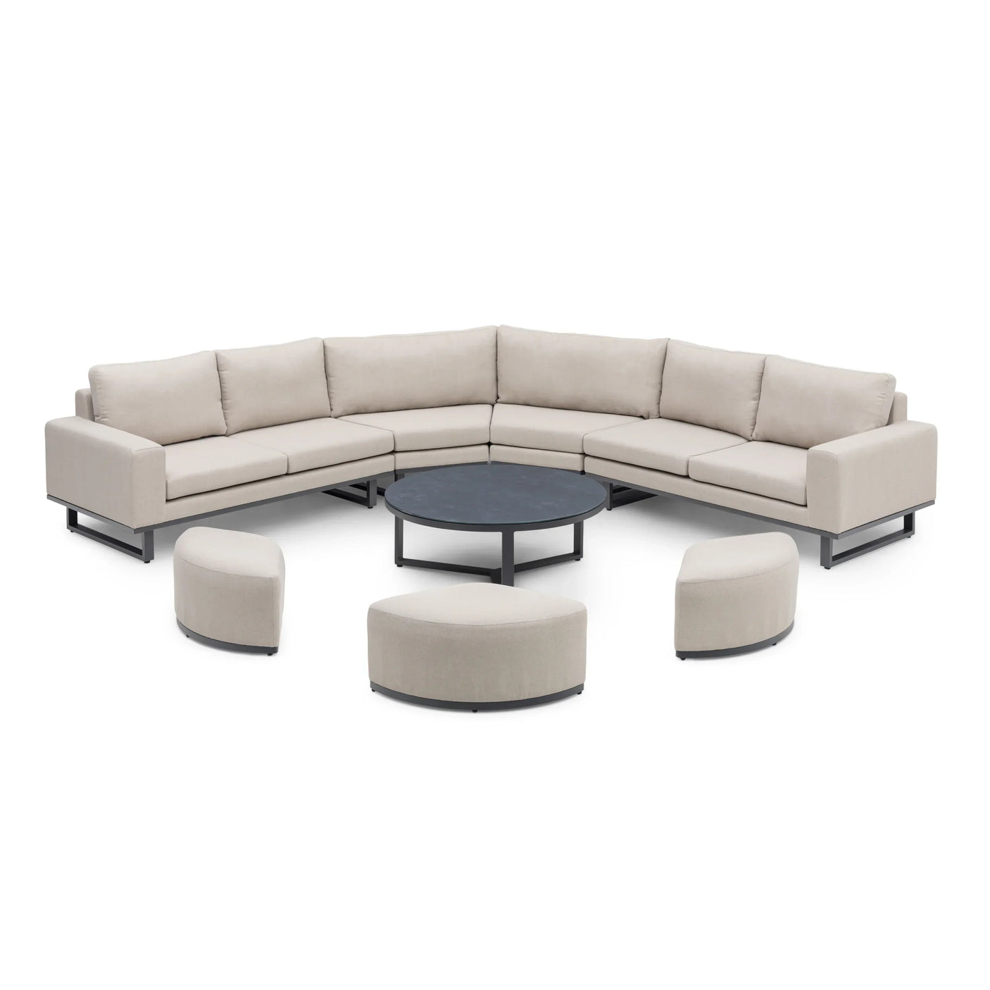 Outdoor corner sofa set with beige cushions, round coffee table and curved stools