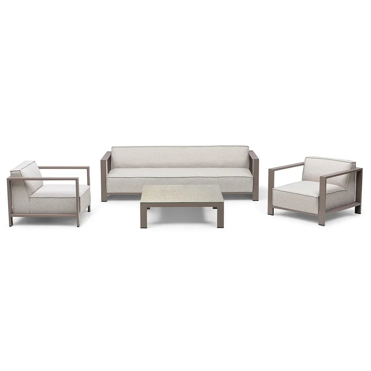 Outdoor furniture set with beige sofa, two armchairs, and square coffee table on white background