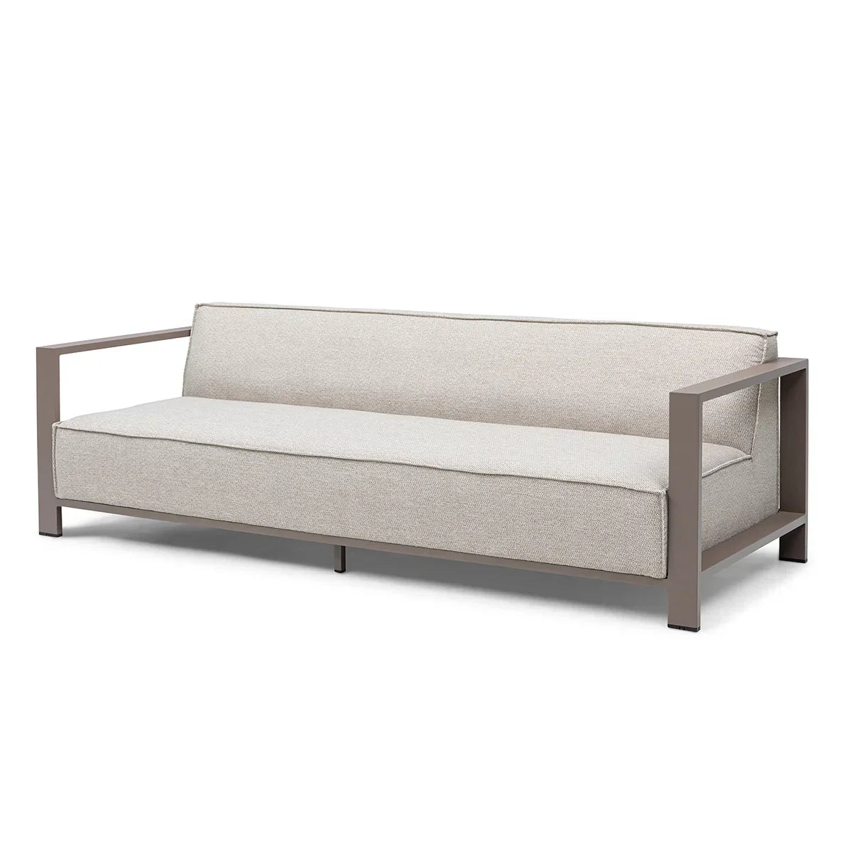 Beige three-seater sofa with metal arms and minimalist design on white background