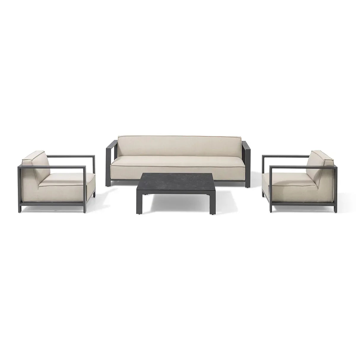 Modern outdoor sofa set with cream cushions and black frame, two armchairs and coffee table