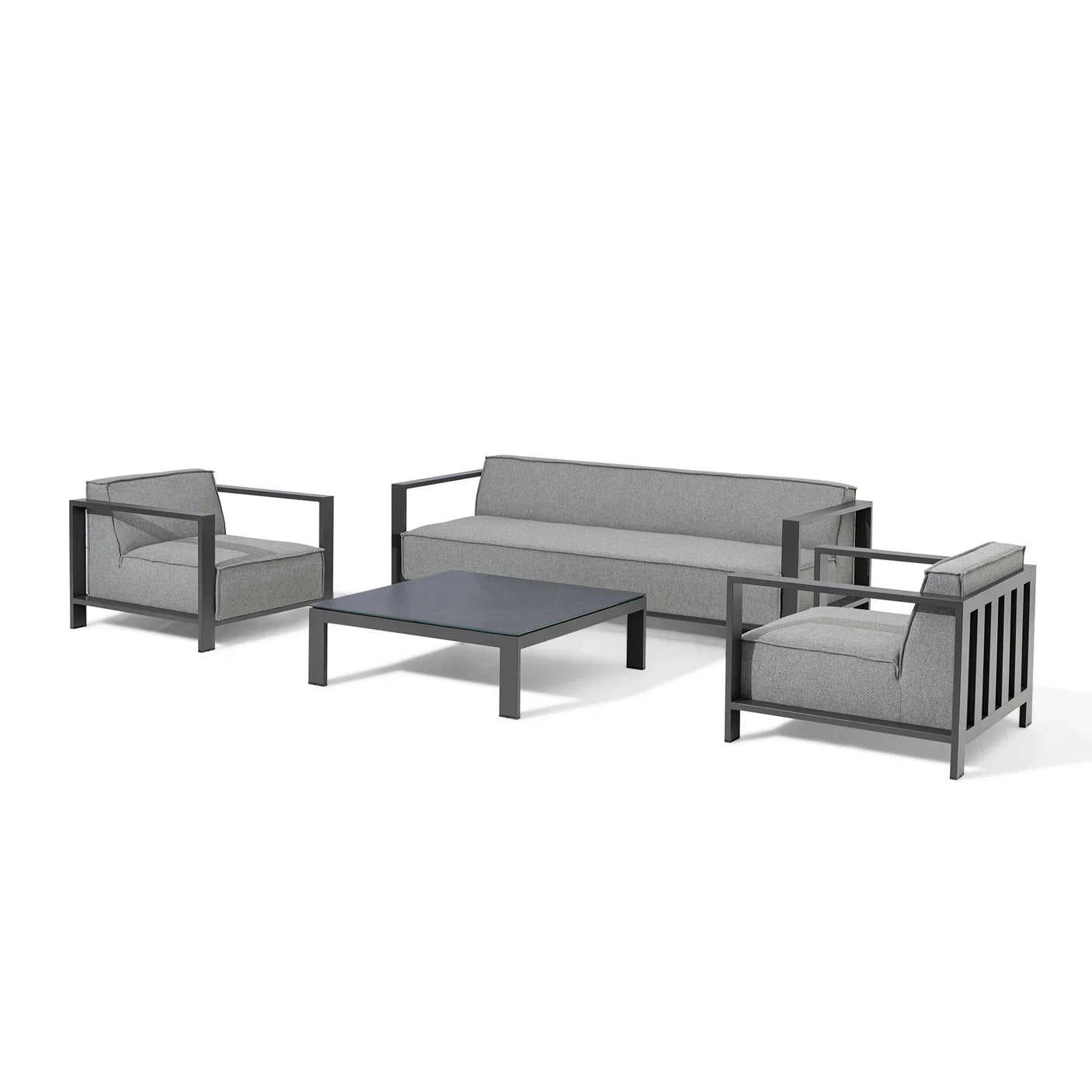 Grey outdoor sofa set with two armchairs and square coffee table, metal frame design