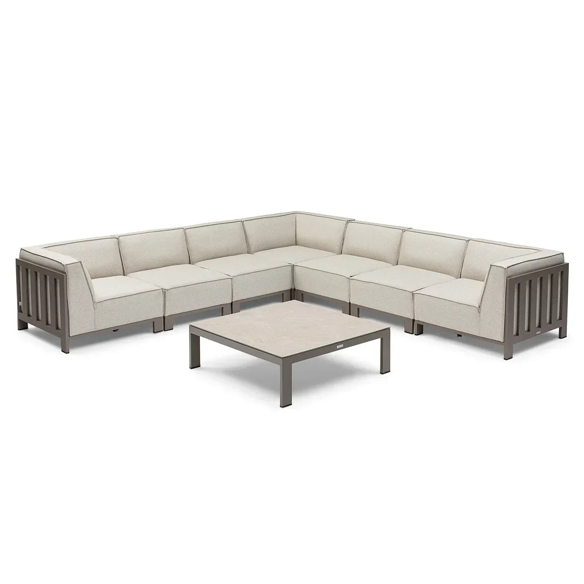 Beige outdoor corner sofa set with metal frame and square coffee table on white background