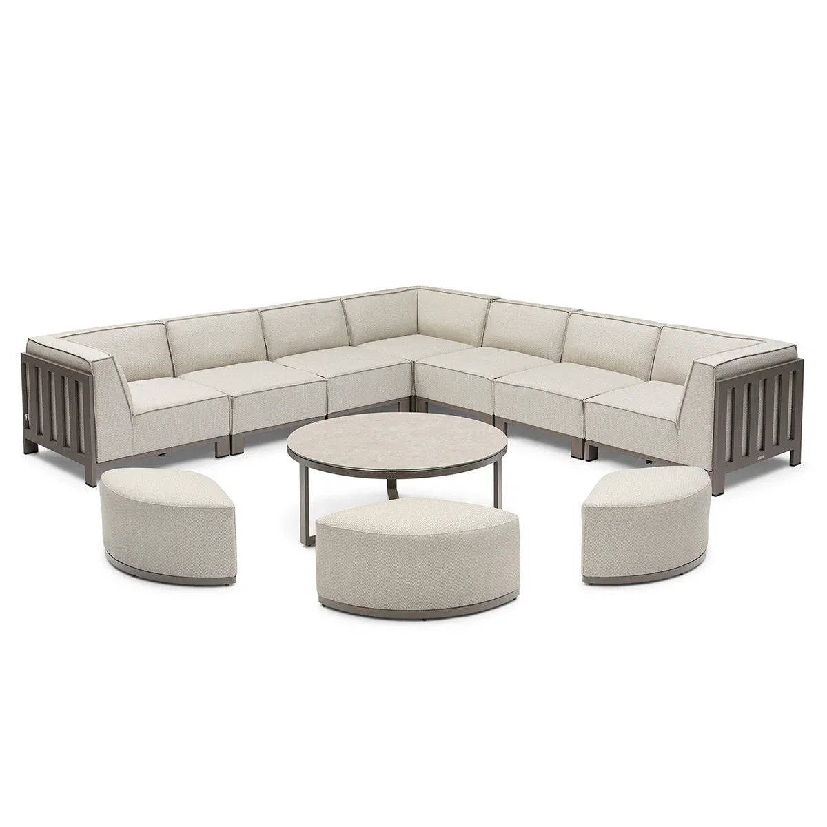 Beige corner modular sofa set with round coffee table and three matching stools