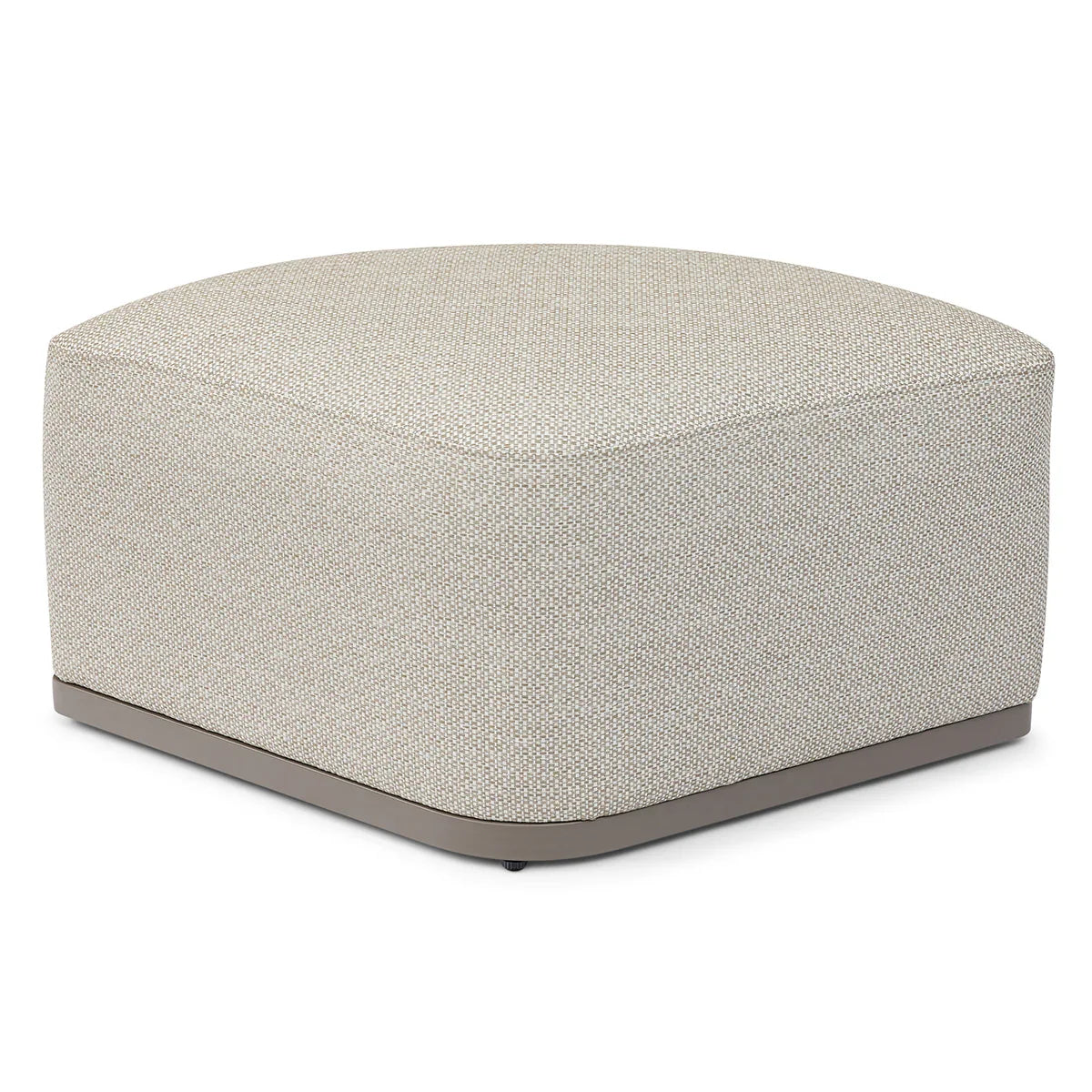 Beige textured ottoman with rounded square shape and low base, shown at slight angle