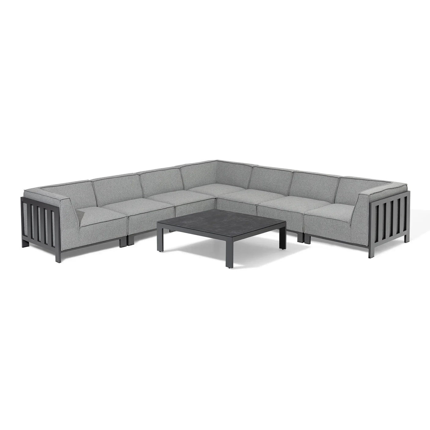 Grey corner garden sofa set with metal frame and square coffee table