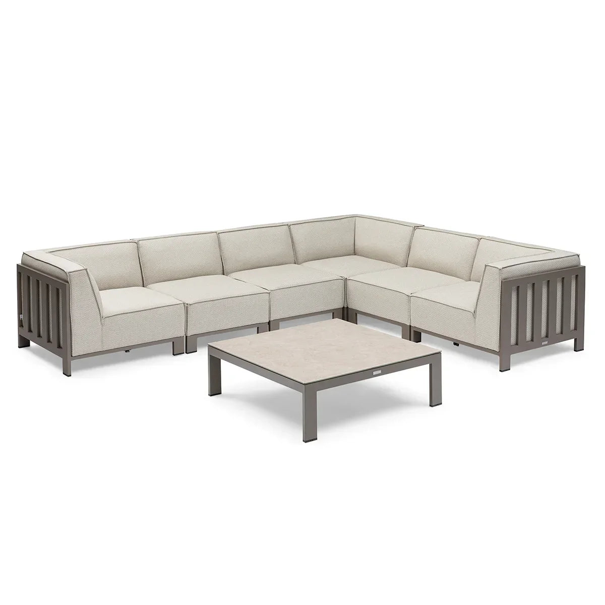 Beige outdoor corner sofa set with metal frame and matching low coffee table