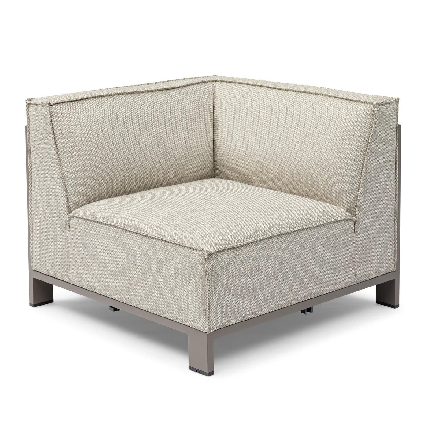 Beige fabric corner sofa section with metal frame and plush seat cushion