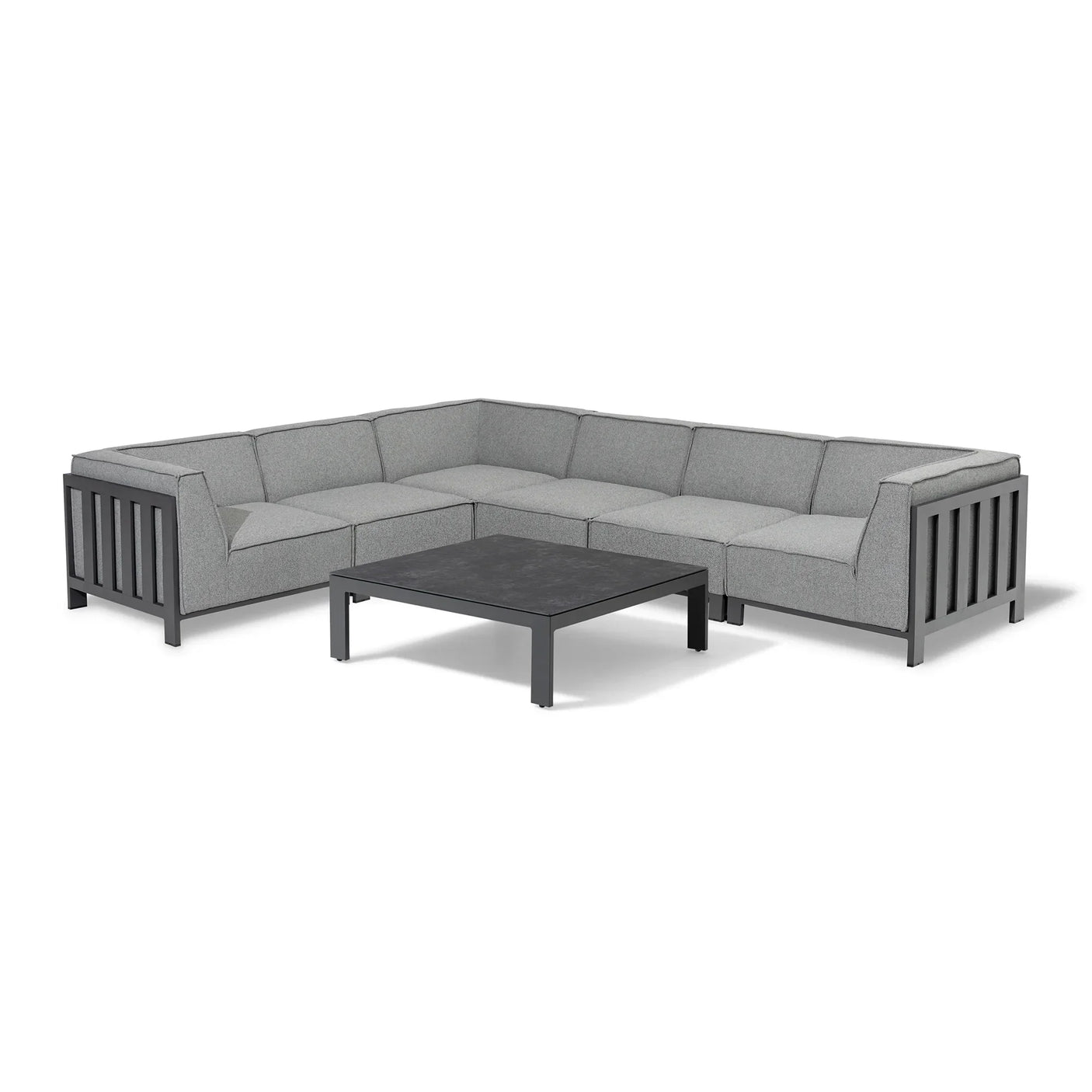 Grey corner outdoor sofa set with metal frame and matching square coffee table