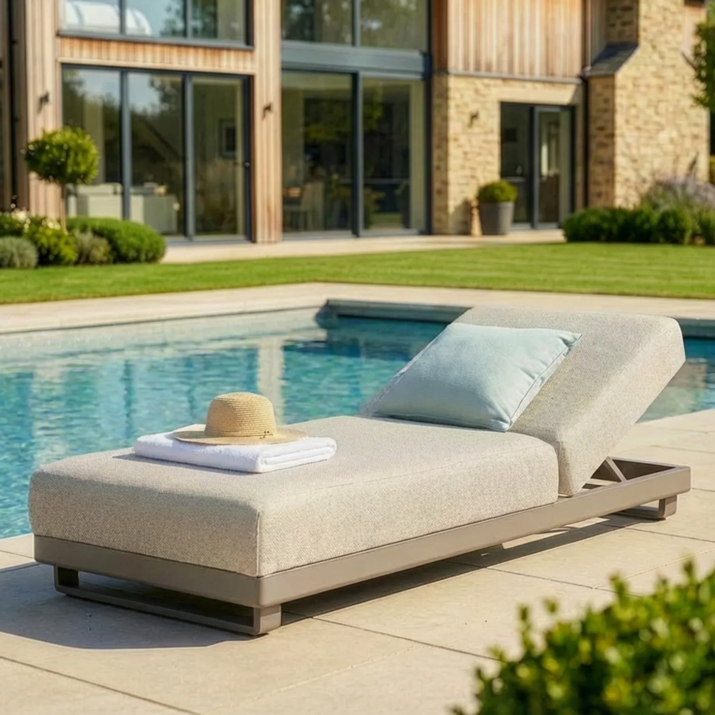 Beige outdoor sun lounger with cushion by poolside, folded towel and sun hat on seat
