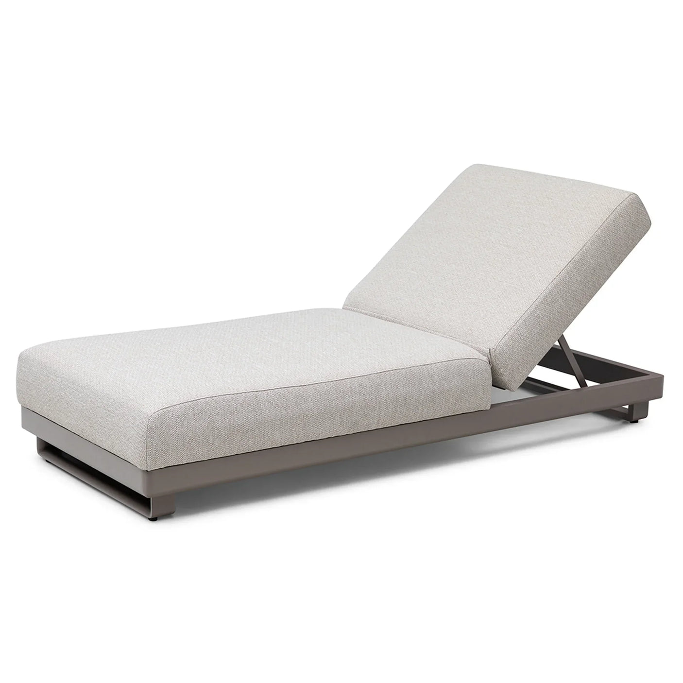 Adjustable beige fabric sun lounger with metal frame and raised backrest on white background