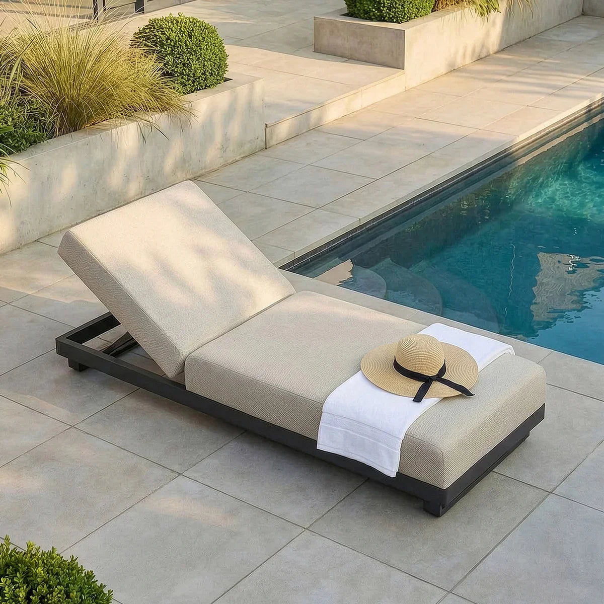 Beige outdoor sun lounger with black frame beside pool, straw hat and towel on seat
