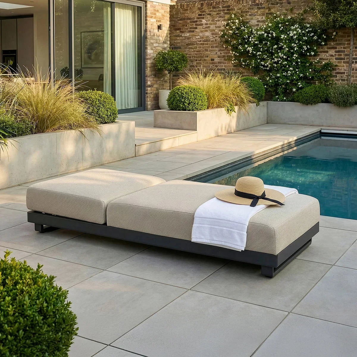 Beige outdoor sofa lounger beside pool with cushion, towel, and sun hat on tiled patio