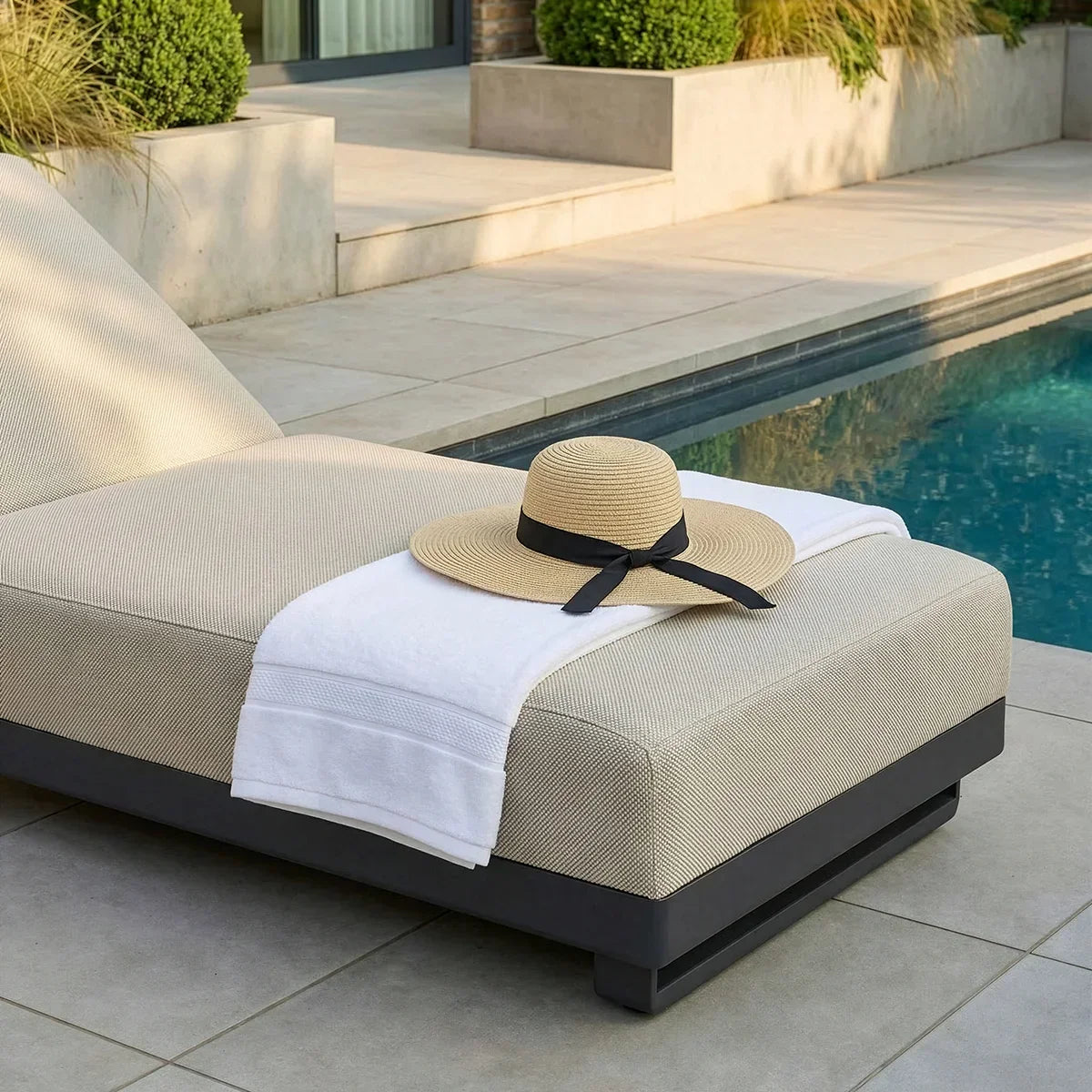 Beige outdoor sun lounger with towel and straw hat beside pool on patio tiles